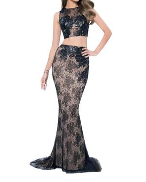 Terani Two Piece Lace Leather Applique Prom Dress - Black