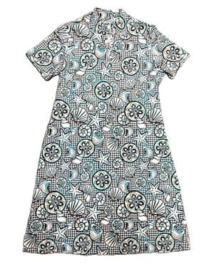 Lulu-B Short Sleeve Zip Top Dress Checkered Seashells & Starfish - Blue