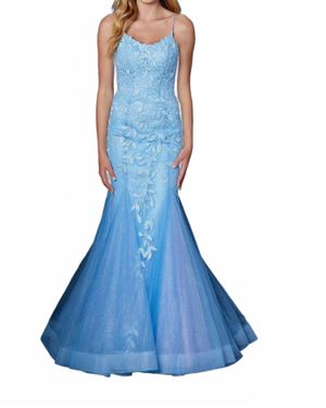 Amarra Leaf Lace Appliqued Fit And Flare Gown - Blue