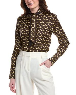 Oscar de la Renta Tie-Neck Chain Print Silk Blouse - Brown