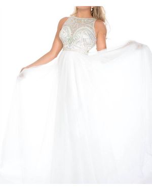 Precious Formals Stoned Bodice And Soft Flowy Skirt Prom Dress - White