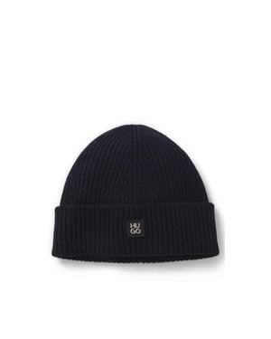 HUGO Virgin-Wool Beanie With Stacked Logo - Blue