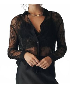 En Saison Darcy Long-Sleeve Sheer Lace Button Down Top - Black