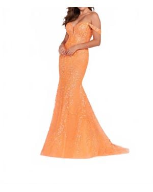 Ellie Wilde Embroidered Lace Fit And Flare Prom Dress - Orange