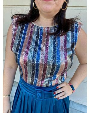 Fate Striped Sequin Shoulder Pad Top - Blue