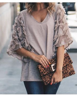 And The Why Feather Detailed 3/4 Sleeve Slub Top - Gray