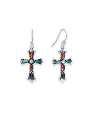 Fashnzfab Oxidized Marquise Stone Cross Earrings - Blue