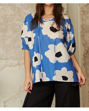 Davi & Dani Floral Tie Front Puff Short Sleeve Blouse - Blue