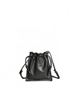 LEMIZ Mini Bowie Drawstring Crossbody Leather Bag - Black