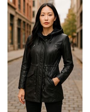 Infinity Leather Leather Hooded Parka Jacket-Clare - Black
