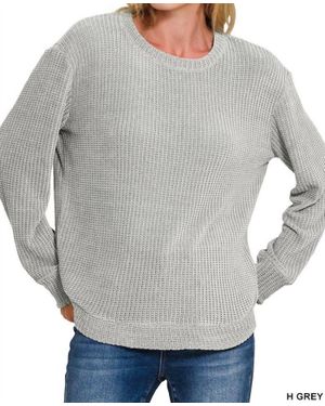42Pops Chenille Waffle Round Neck Sweater - Gray