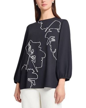 Ming Wang Embroidered Crepe De Chine Blouse - Blue