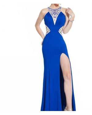 Rachel Allan High Mesh Neck Jersey Prom Gown With High Slit - Blue