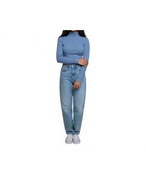 AMBAR Mock Neck Long Sleeve Cotton Rib Top - Blue