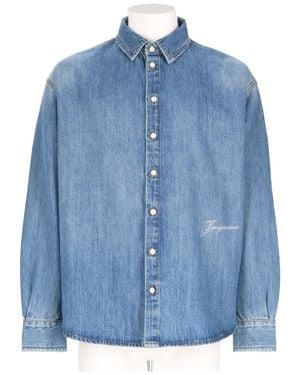 Jacquemus Relaxed Fit Embroidered Logo Cotton Denim Shirt - Blue