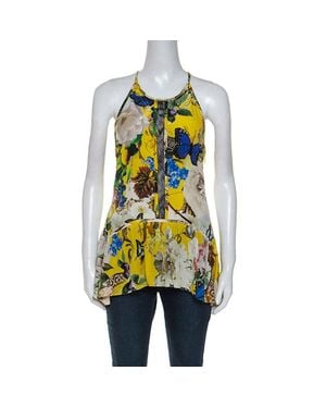 Roberto Cavalli Printed Silk Lace Detail Halter Top - Yellow