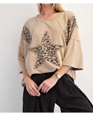 Easel Making Moves Cotton 3/4 Sleeve Leopard Print Top - Natural