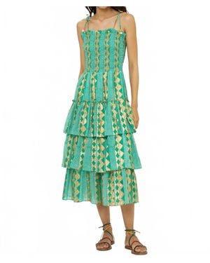 Oliphant Smocked Tie Strap Ruffle Midi Dress - Green