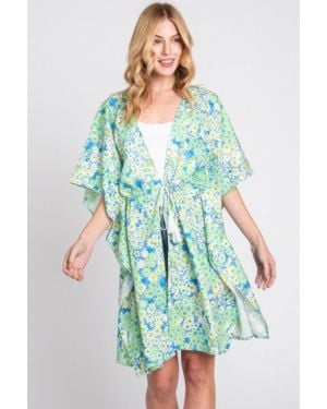 TRUEDAMES Flower Print Self-Tie Drawstring Open Front Cover - Green
