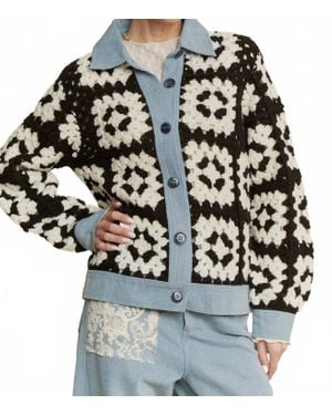 Davi & Dani Crochet Bodice & Denim Detail Button Front Shirt Jacket - Black