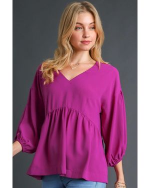 TRUEDAMES Full Size V-Neck Puffed 3/4 Sleeve Babydoll Blouse Plus Size - Purple