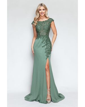 TRUEDAMES Formal Dress Boat Neck Cap Sleeve Sheath Gown - Green