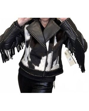 Scully Western Leather Studded Fringed Zip Cowhide Jacket - Black