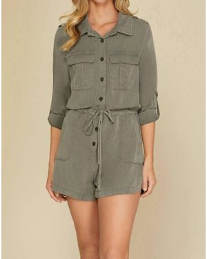 She + Sky Roll-Up Sleeve Woven Buttoned Romper - Green