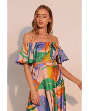 TRUEDAMES Isla Tropical Satin Bubble Sleeve Crop Top - Blue