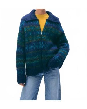 White + Warren Alpaca Blend Fair Isle Bomber Cardigan - Blue