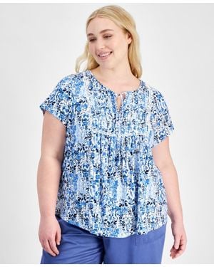 Tommy Hilfiger Top Breeze Multi Floral Pintucked Tie Neck Fts1100 - Blue