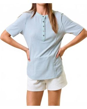 Doe And Rae Striped Contrast Hem Henley Top - Blue