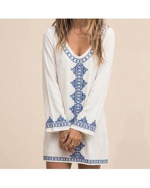 TRUEDAMES Embroidered Long Sleeves Boho Tunic Dress - Blue