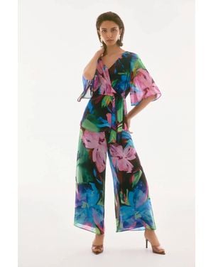 Joseph Ribkoff Chiffon Floral Print Wide Leg Pants - Blue