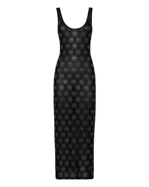 Philipp Plein Long Dress Monogram Strass - Black