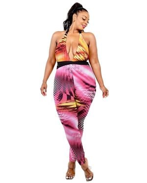 TRUEDAMES Fashnzfab Plus Color Pattern Criss Cross Mock Neck Jumpsuit - Red