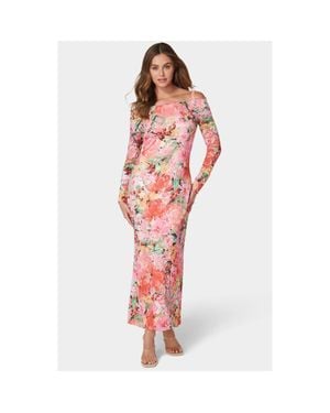 Bebe Off Shoulder Lace Gown With Long Sleeves - Red
