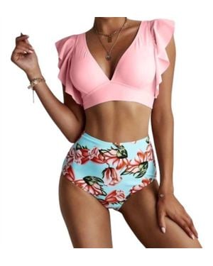Shiying Ruffled Hem High Waist Bikini Swim Set - Pink