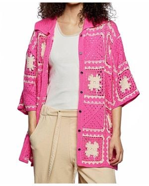 Pol Button Collar Granny Square Crochet Shirt Top - Pink