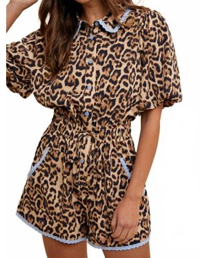 Anniewear Lace Trimmed Leopard Print Button Down Romper - Multicolor