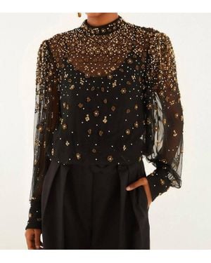 FARM Rio Embroidered Bubble Tulle Blouse - Black