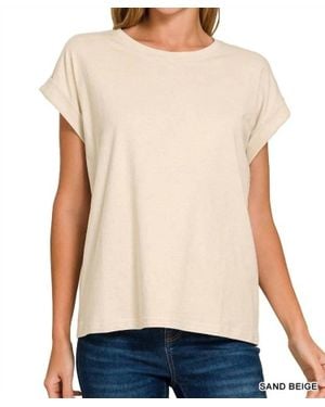 Zenana Round Neck Folded Short Sleeve T-Shirt - Natural