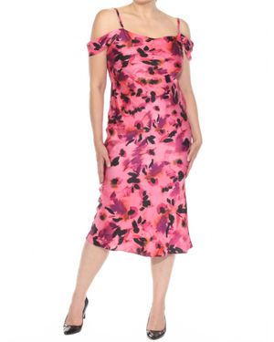Joseph Ribkoff Floral Cold Shoulder Satin Midi Dress - Pink