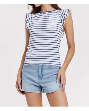 Another Love Akiko Ruffle Sleeve Striped Boat Neck Ribbed Top - Blue