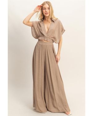 TRUEDAMES Collared Wrap Top & Wide-Leg Pants Set - Natural