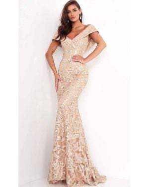 Jovani Off Shoulder Embroidered Mermaid Gown - Natural