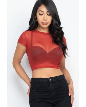 TRUEDAMES Fashnzfab Sexy Mesh Sheer Short Sleeve Crop Top - Red