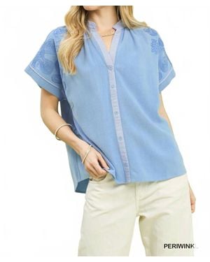 Umgee Embroidered Button Front Top - Blue