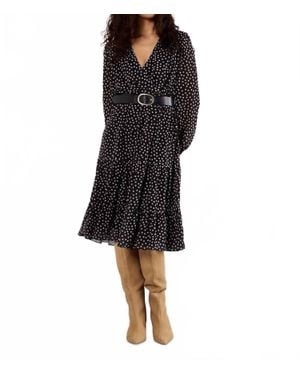Apricot Polka Dot Chiffon Wrap Long Sleeve Dress - Black
