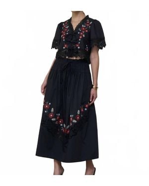 Moon River Shirred Waist Embroidered Floral Midi Skirt - Blue